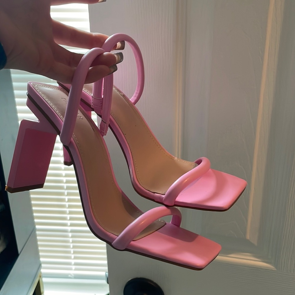 Pink square toe heels
